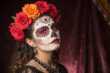 Woman in Day of the Dead makeup with flower crown.  Portrait of a woman with traditional Dia de los Muertos face paint, wearing red and orange flower crown and black lace attire