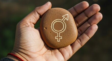 Hand Holding Stone with Gender Symbol Design for Inclusivity and Equality Awareness