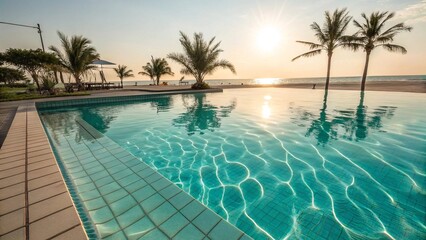 Luxury Swimming Pool at Tropical Beach Sunset. Peaceful tropical beach scene with a sparkling swimming pool, palm trees, and golden sunset reflecting on the water's surface