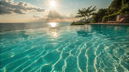 Infinity Pool Overlooking Ocean at Sunset. Scenic infinity pool with shimmering water reflecting the golden sunset, offering a luxurious tropical escape by the sea