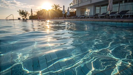 Luxury Swimming Pool at Sunset Resort Hotel. Peaceful view of a luxury resort pool during sunset, with sun reflections on the water and a relaxing vacation vibe