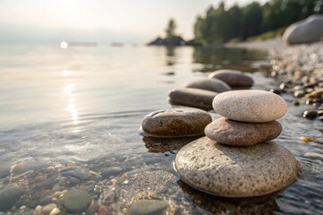 Balanced Stones by Calm Lakeshore at Sunrise. Stacked smooth stones on a tranquil lake shore at sunrise, symbolizing peace, balance, and natural relaxation in nature