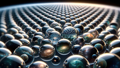 Mesmerizing AI artwork depicting multiple universes and parallel dimensions encapsulated within a translucent glass sphere