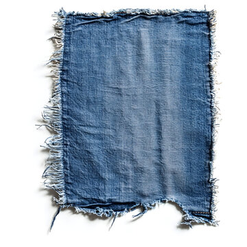 Frayed denim fabric with rugged edges, textured and worn, isolated on white background.