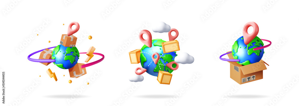 Poster world globe with delivery boxes and pins. global logistics and fast shipping for e-commerce and inte