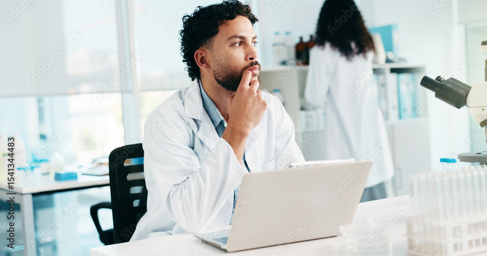 Poster tablet, scientist thinking or man in laboratory for research, vaccine development or chemistry idea.