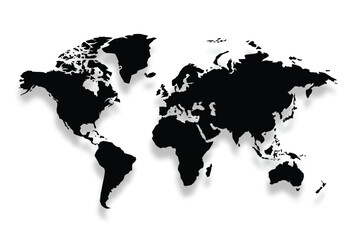 World Map Vector 3D with Shadow – Black Silhouette Design. Fully editable vector EPS file compatible with PowerPoint, Illustrator, and most vector-based applications.