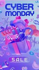 Cyber monday sale promotion vertical banner 3d render illustration