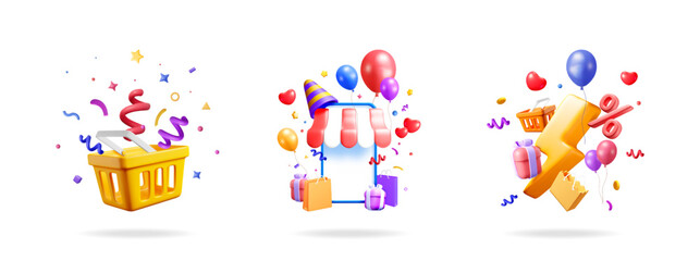 Shopping cart with confetti, online store with party hat, lightning with percent sign. Marketing promotion set.