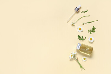 Bottle of chamomile cosmetic oil and flowers on yellow background