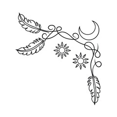 Elegant corner design featuring feathers sun crescent moon and delicate floral elements