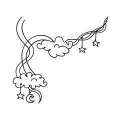 Celestial corner border with clouds stars and moon in simple black and white style