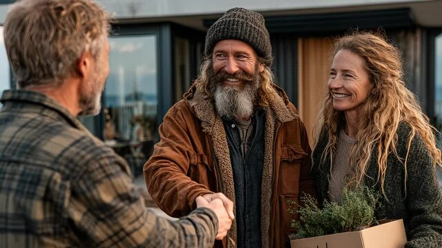 Mature Couple Moving into New Home, Handshake with Neighbor, Welcoming Community, Happy Homeowners, Sustainable Living, Modern House, New Beginnings