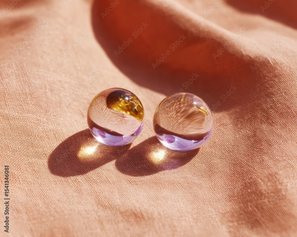 Poster two round clear glass objects with purple tint are laying on a peach colored fabric casting shadows 
