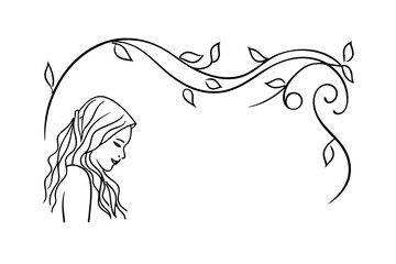 Elegant line drawing of a woman with long flowing hair and floral vines.