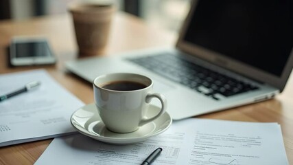 Coffee cup on table next to laptop and documents in workspace  
