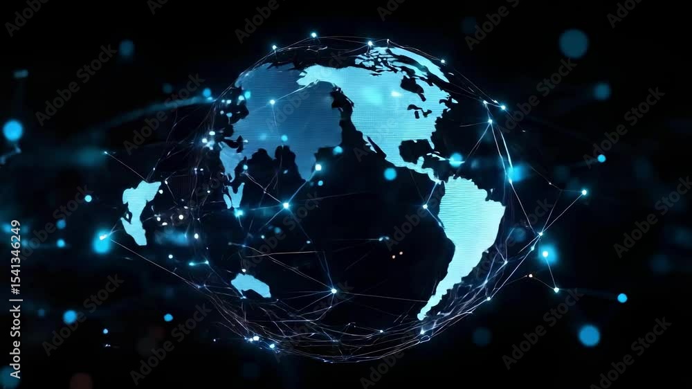 Poster a digital rendering of a globe connected by networks of light, representing global connectivity and 