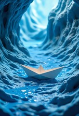 Imagination concept A paper boat sails through colorful, textured waves of blue hues