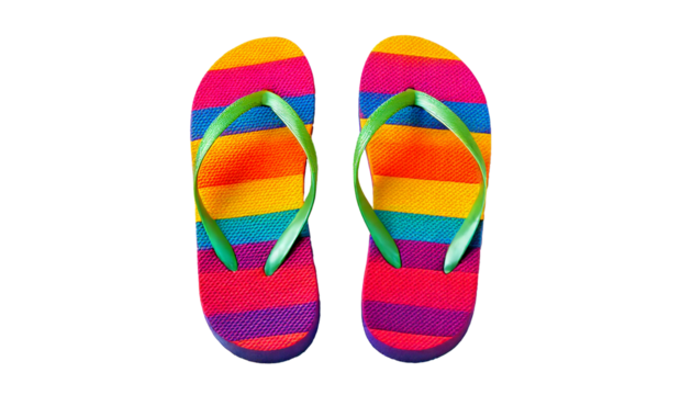 Footwear, summer, vacation, beach — a vibrant pair of colorful flip-flops displayed against a clean white background under even studio lighting, perfect for promotional designs, seasonal ads, or trave