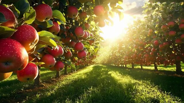 A sunlit apple orchard with trees laden with ripe apples and a lush grassy pathway.