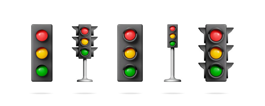 Stock vector collection set of 3d rendering traffic light signs. Red, yellow, green road light for transport or street control.