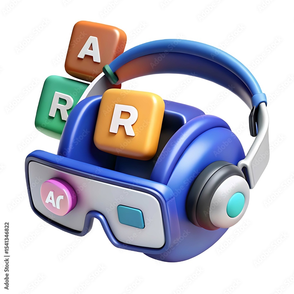 Poster augmented reality headset with colorful blocks isolated on white background