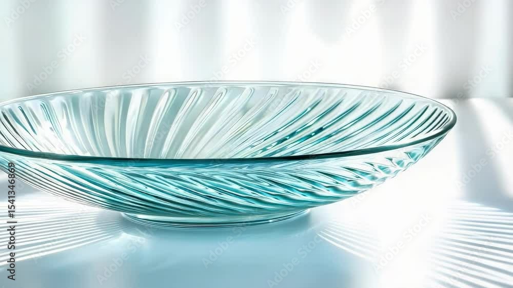 Poster a translucent glass bowl with a spiral design, casting light and shadow patterns on a surface.
