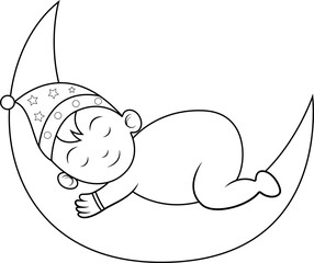 A cute baby sleeping on the moon line art