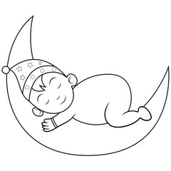 A cute baby sleeping on the moon line art