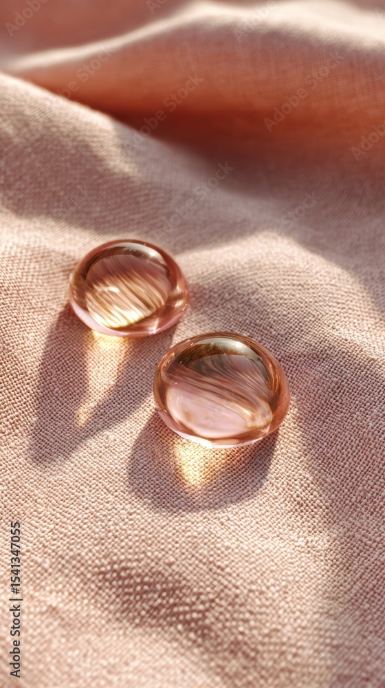 Poster two round glass beads with a swirled pattern lie on textured pink fabric casting soft shadows in the