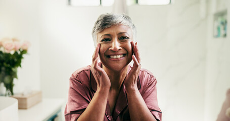 Portrait, elderly woman and check skincare for collagen results, facial cosmetics and treatment....