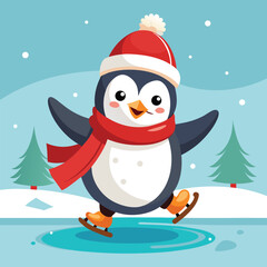 Playful Cartoon Penguin Ice Skating Illustration charming cartoon