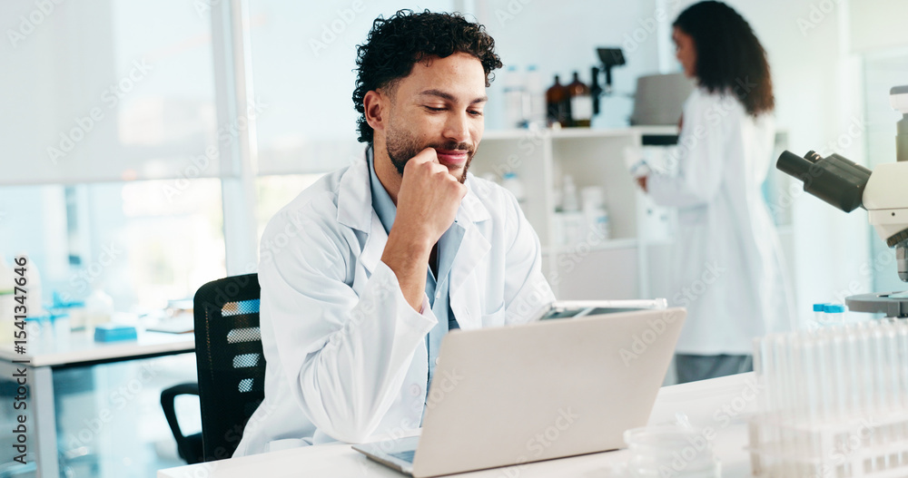 Poster Tablet, scientist problem solving and man in lab for research, vaccine development or chemistry idea. Think, science and happy medical worker with breakthrough, insight or reading peer review journal
