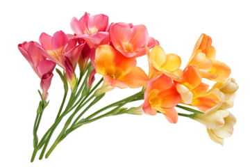 High-resolution freesia flower cluster isolated on transparent background — seamless PNG cutout ideal for wedding invitations, scrapbooking, and elegant botanical overlays