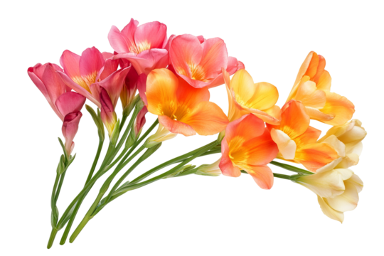 High-resolution freesia flower cluster isolated on transparent background — seamless PNG cutout ideal for wedding invitations, scrapbooking, and elegant botanical overlays