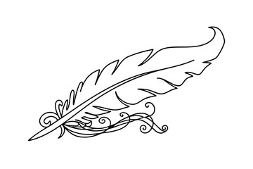 Elegant decorative feather illustration in a simple black outline design on a white background