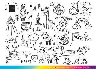 Collection of hand drawn cute doodles,Doodle children drawing,Sketch set of drawings in child style,Funny Doodle Hand Drawn,Page for coloring, cute animal hand drawn, cute Doodle