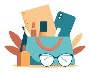 Colorful Cartoon Tote Bag Filled with Creative Office Supplies and Accessories