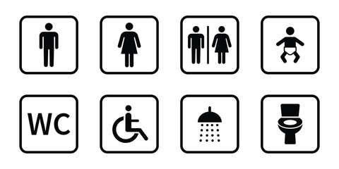 Fototapeta na wymiar Washroom signs. Restroom or toilet door sign set containing gents, ladies, disabled, baby changing. Printable sticker. Transparent vector illustration.