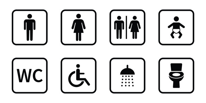 Washroom signs. Restroom or toilet door sign set containing gents, ladies, disabled, baby changing. Printable sticker. Transparent vector illustration.