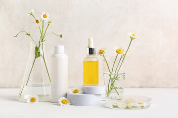 Chamomile flowers, plaster podiums and bottles of cosmetic products on table near beige wall