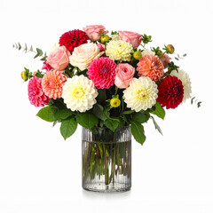 Fototapeta premium ramo de rosas, peonías y dalias de colores contrastados en florero de cristal sobre fondo blanco