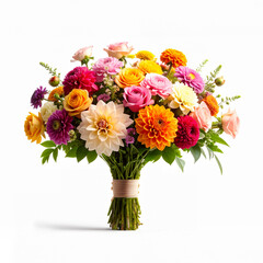 ramo de rosas, peonías y dalias de colores en vaso de cristal sobre fondo blanco