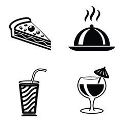 Collection of food and drinks icons with pizza glass juice and platter