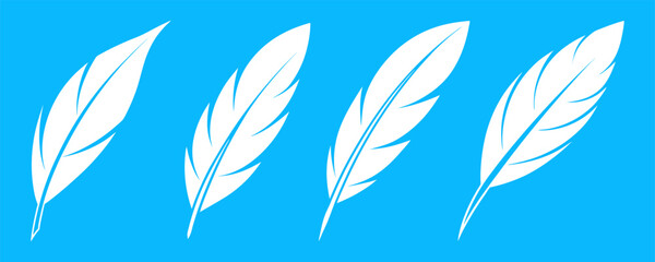 Feather vector illustration set with soft plume designs on blue background