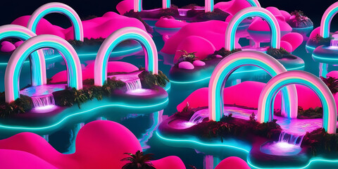 Vibrant Surreal Landscape With Glowing Pink Hills
