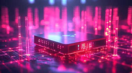 A futuristic WiFi router surrounded by a glowing digital network grid