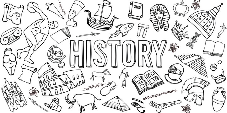 Symbols of history doodle set. Collection of hand drawn Illustration. background Banner