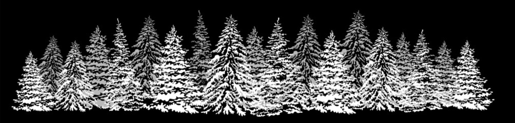 Obraz premium Christmas. Winter horizontal background. Winter Forest background. Christmas trees hand drawing. Not AI. Vector illustration.