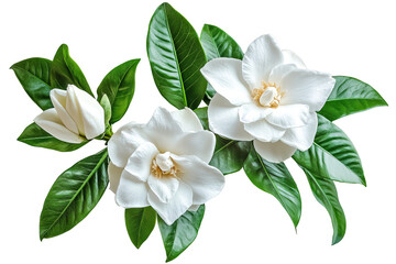 Delicate white gardenia blossom cluster &mdash; high-resolution isolated PNG with transparent background ideal for seamless botanical cut-outs, wedding invitation florals and scrapbooking accents